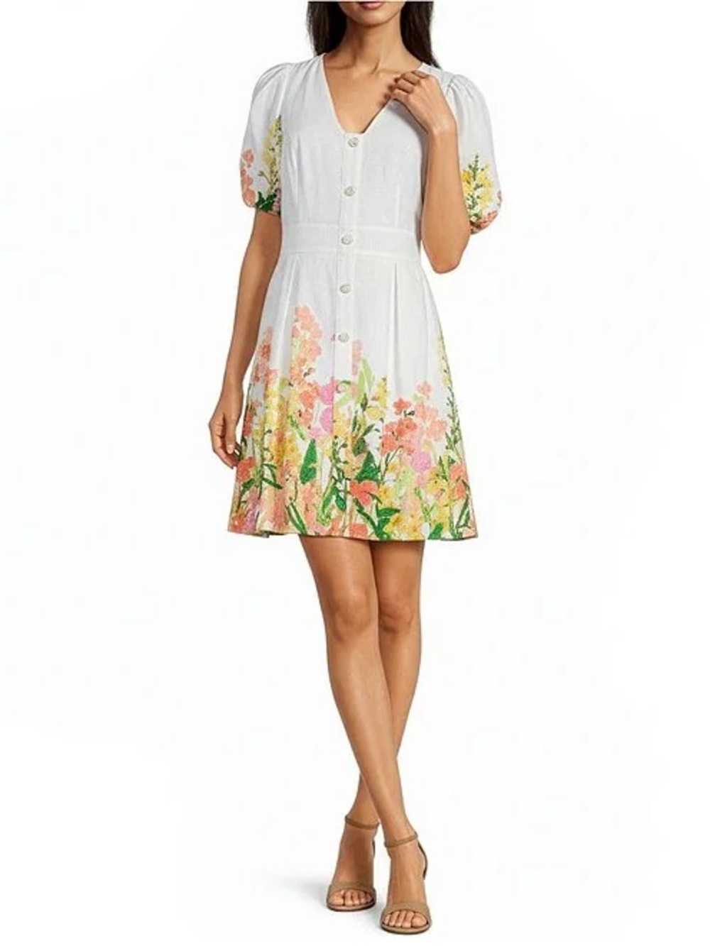 Karl Lagerfeld White Floral Button-Front Puff Sleeve Mini Dress